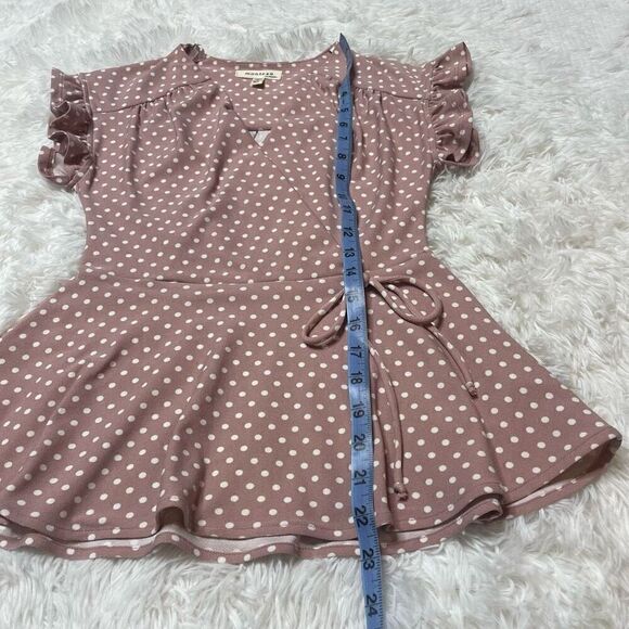 Monteau Pink Plush Top Blouse Vneck Tie Front Size XS Ruffle Sleeves Feminine Po - Picture 10 of 12